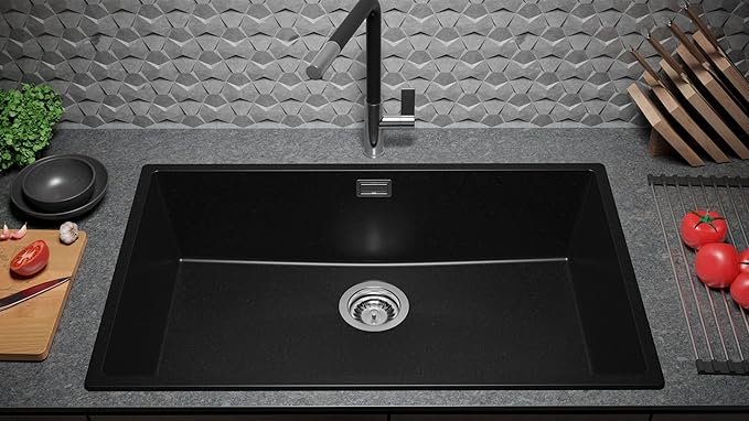 Primagran London Slim Évier de Cuisine Granit Noir 76×47 cm 1 Bac + Kit de Vidage