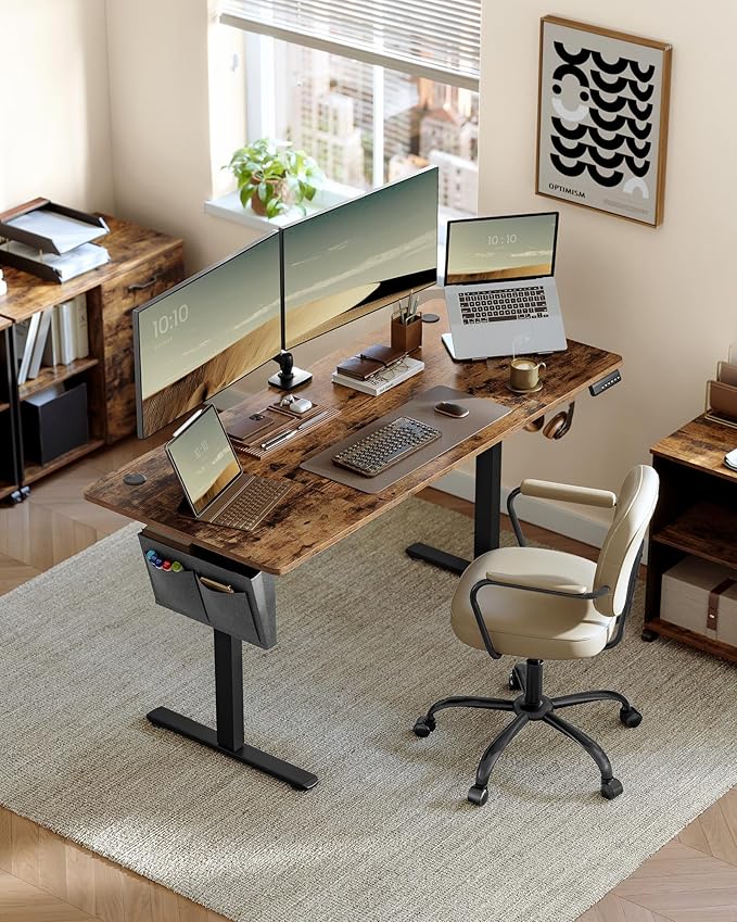 SONGMICS Bureau Électrique Réglable en Hauteur 160×70 cm – Table Assis-Debout Mémoire 4 Positions, Marron Rustique LSD136K01