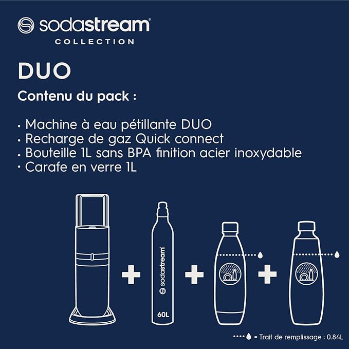 SodaStream DUO Machine à Eau Pétillante & Soda – Pack Carafe Verre 1 L + Bouteille 1 L Inox + Recharge Gaz 60 L – Noir