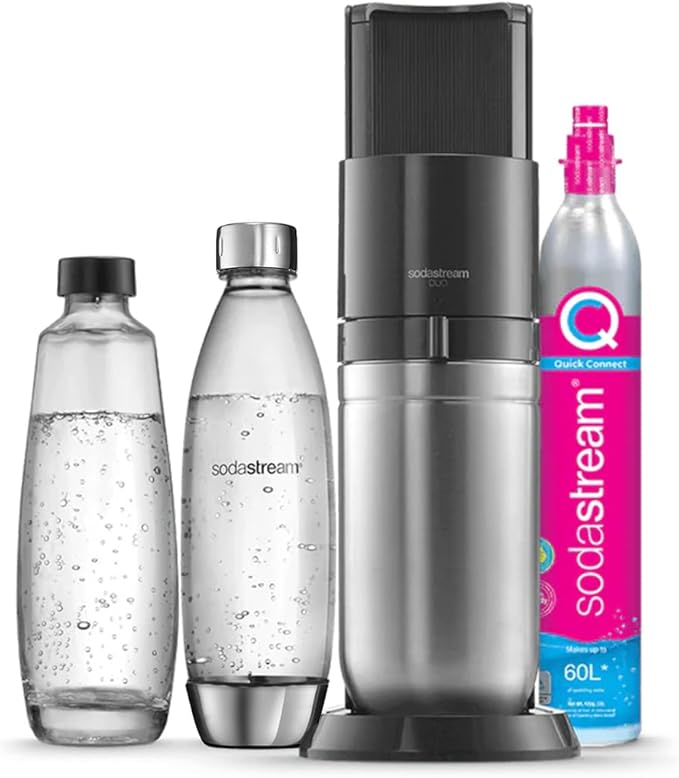 SodaStream DUO Machine à Eau Pétillante & Soda – Pack Carafe Verre 1 L + Bouteille 1 L Inox + Recharge Gaz 60 L – Noir