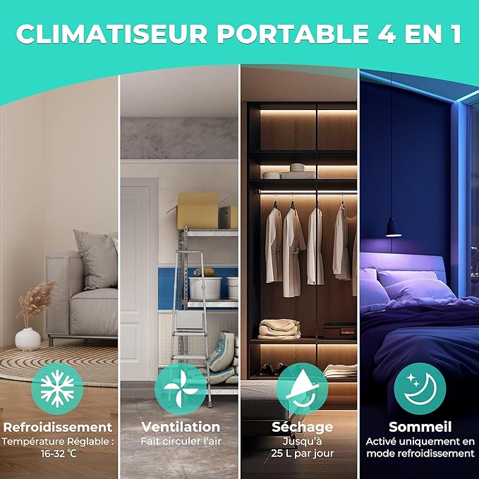 HAUSHOF Climatiseur Mobile Portable 9000 BTU 4-en-1 – Refroidisseur, Déshumidificateur, Ventilateur, Mode Nuit, LED, Minuterie 24 h, Télécommande, pour 30 m², Classe Énergétique A