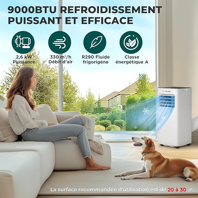 HAUSHOF Climatiseur Mobile Portable 9000 BTU 4-en-1 – Refroidisseur, Déshumidificateur, Ventilateur, Mode Nuit, LED, Minuterie 24 h, Télécommande, pour 30 m², Classe Énergétique A
