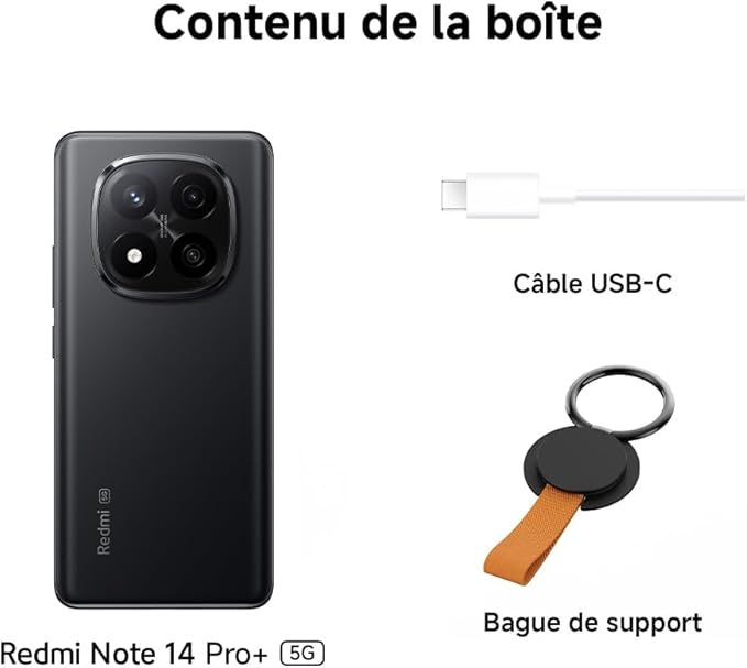 Xiaomi Redmi Note 14 Pro+ 5G 8 Go RAM + 256 Go Stockage – Noir, Appareil Photo 200 MP IA, IP68, 120 W HyperCharge (sans Chargeur), Version Française + 2 Ans Garantie