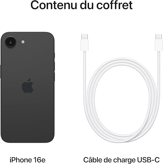 Apple iPhone 16e 128 Go Noir – Puce A18, Écran Super Retina XDR 6,1", Caméra Fusion 48 MP, Autonomie Optimisée