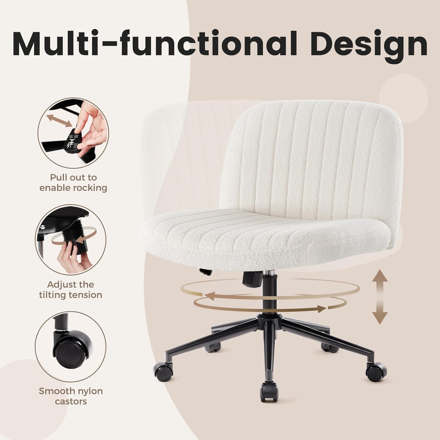 IWMH Chaise de Bureau sans Accoudoirs,Chaise de Coiffeuse Pivotante avec roulettes,Chaise d’Ordinateur à Hauteur Réglable avec Coussin en Tissu