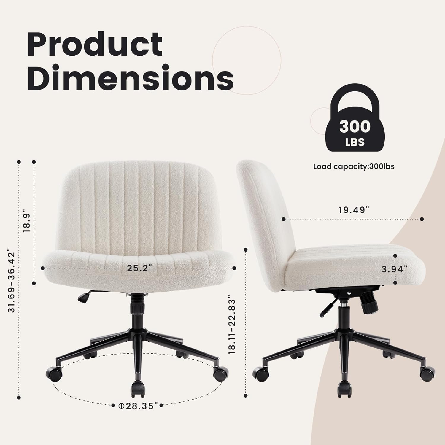 IWMH Chaise de Bureau sans Accoudoirs,Chaise de Coiffeuse Pivotante avec roulettes,Chaise d’Ordinateur à Hauteur Réglable avec Coussin en Tissu