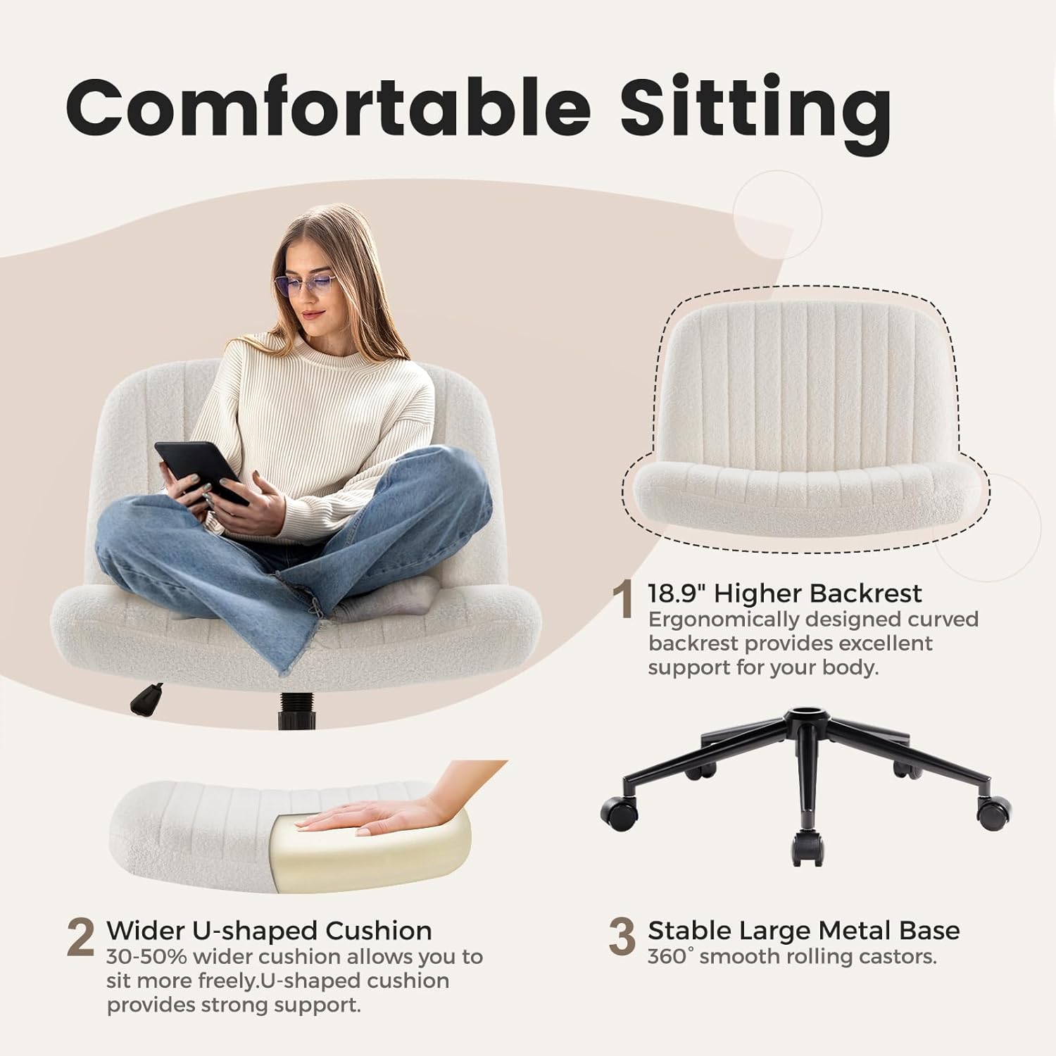 IWMH Chaise de Bureau sans Accoudoirs,Chaise de Coiffeuse Pivotante avec roulettes,Chaise d’Ordinateur à Hauteur Réglable avec Coussin en Tissu