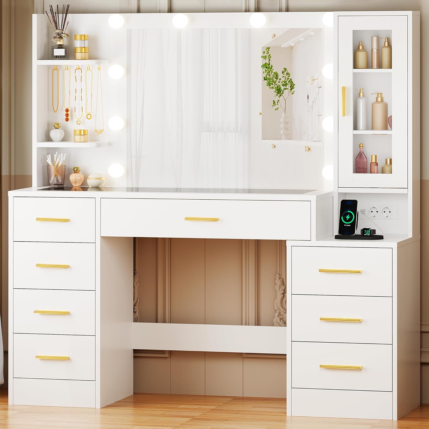 ANWBROAD Grande Coiffeuse avec Miroir et Prise, Éclairage LED Réglable,Table de Maquillage avec Plateau en Verre Coiffeuse Moderne avec 8 Tiroirs 3 Étagères 5 Crochets Blanc BDT88W