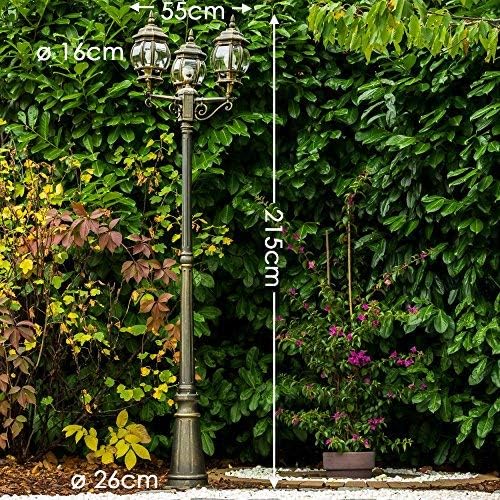 Candélabre Kobe, lampe d'extérieur au look antique, métal brun/or avec disques en plastique, lampe d'allée à 3 branches 215 cm, lampe de jardin rétro/vintage, douille E27, IP44, sans ampoules