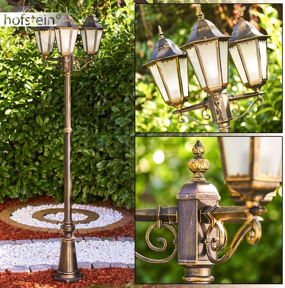 Lampe d'extérieur Hongkong Frost, candélabre en look antique, fonte d'aluminium en brun/or, vitres en verre dépoli, lampe d'allée, réglable en hauteur, lampe de jardin rétro, E27, IP44, sans ampoules