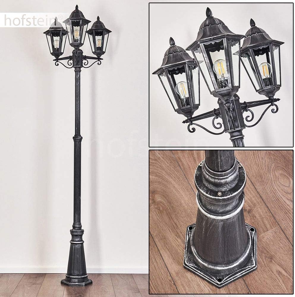 hofstein Réverbère Lignac, lampadaire vintage en aluminium moulé noir/argenté et verre transparent, hauteur max. 245 cm, 3 lanternes pour ampoules E27, ampoule(s) non incluse(s), IP44