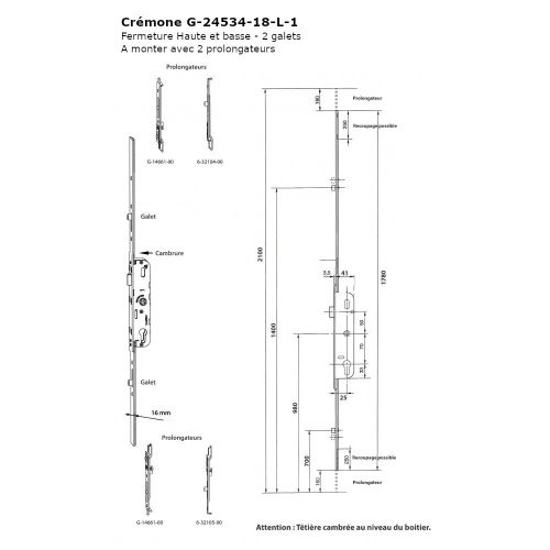 Crémone barillet axe 25mm ajustable haut et bas longueur 1780mm - FERCO - G-24534-18-L-1