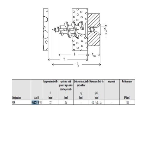 Chevilles autoperceuse nylon pour carton plâtre GK L22 boîte de 100 - FISCHER - 52389