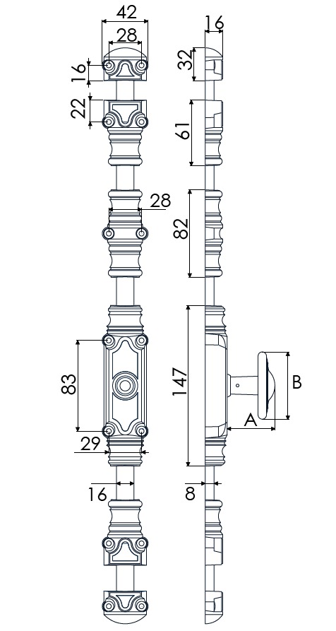 Crémone rustique RY59 série forte 16x8 brut/bouton Standard - JARDINIER MASSARD - J380004-1