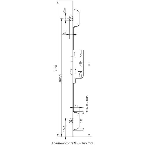 Crémone à larder EUROPA 40/70 MR2 têtière 16mm longueur 2150mm cote D 1045mm - FERCO - 6-33188-01-0-1