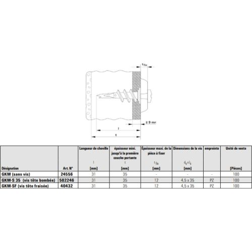 Chevilles métallique auto-perceuse GKM-S 35 pour carton plâtre boîte de 100 - FISCHER - 502246