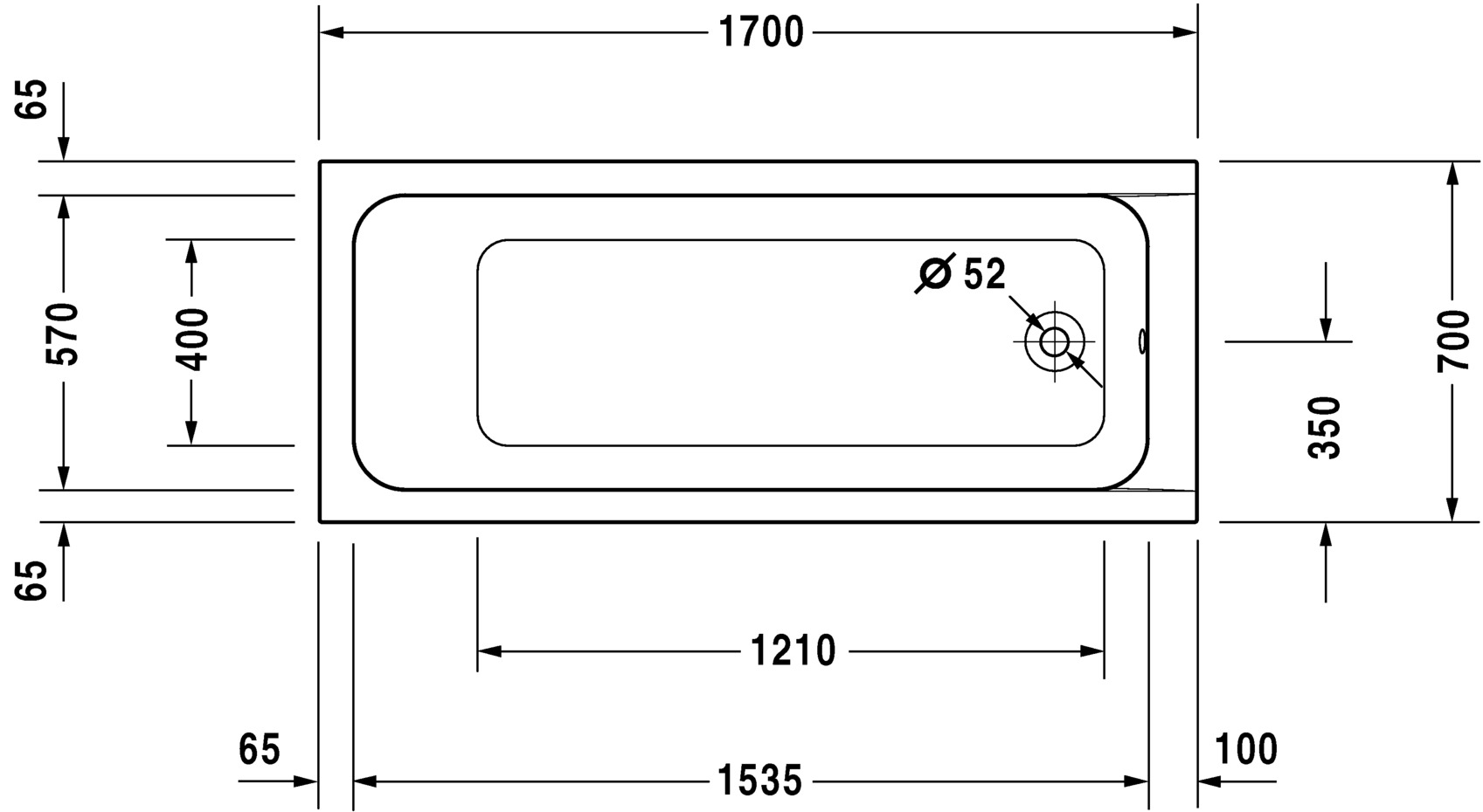 Baignoire D-CODE 170x70 blanc écoulement latéral avec pieds - DURAVIT - 700105000000000