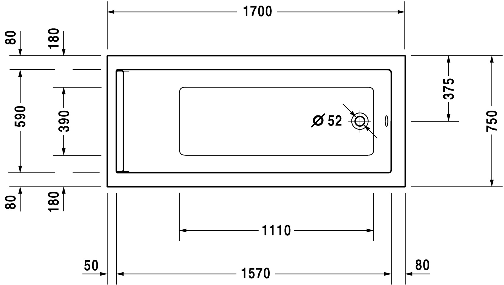 Baignoire rectangulaire STARCK 170x75 blanc avec pieds - DURAVIT - 700346000000000