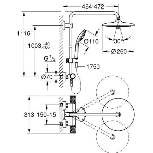 Colonne de douche EUPHORIA SYSTEM 260 avec mitigeur thermostatique - GROHE PROFESSIONAL - 27615002