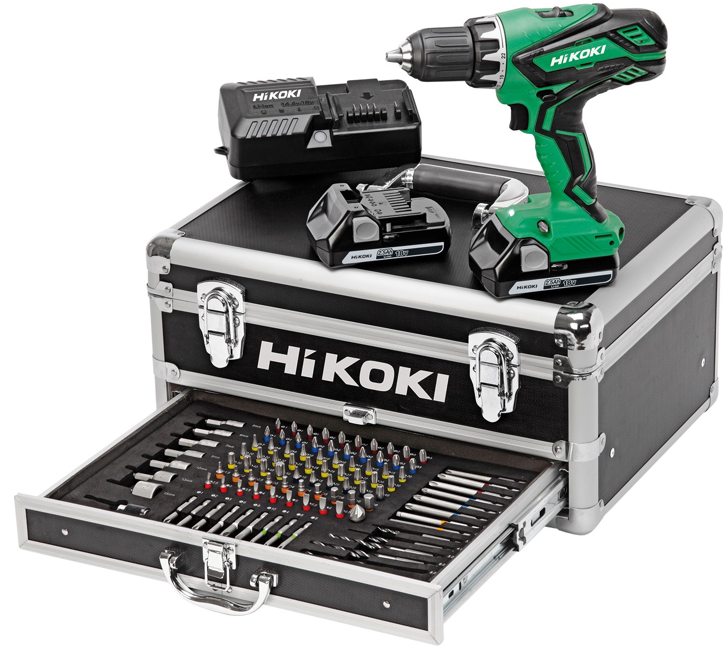 Perceuse visseuse 18V + 2 batteries 2,5Ah + chargeur + coffret de 100 accessoires - HIKOKI - KC18DJLFZ