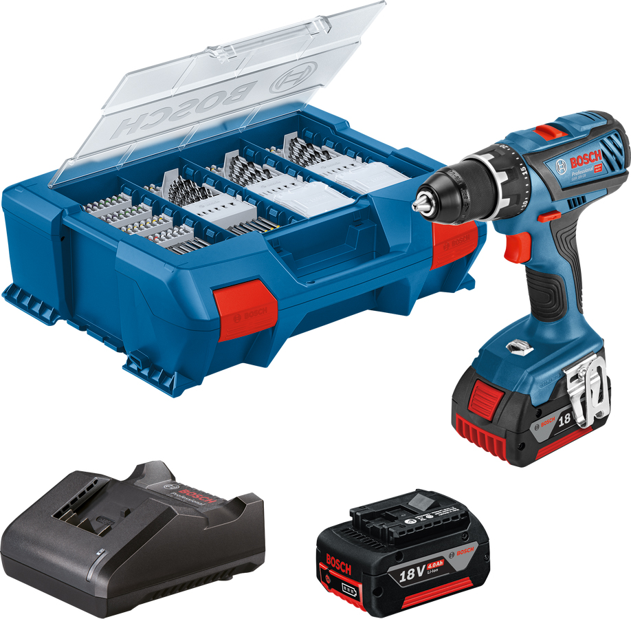 Perceuse-visseuse 18V GSR 18V-28 + 2 batteries 4Ah + chargeur + coffret L-CASE + 82 accessoires - BOSCH - 06019E610C