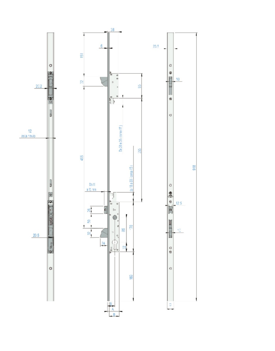 Serrure à larder 3 points à rouleau TREPPER axe 25mm avec têtière - CORNI - D83025SCA24U850