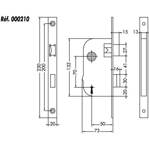 Serrure à larder 4G droit axe 50mm fouillot équerre finition noir bout carré - JPM - 000210-01-1X