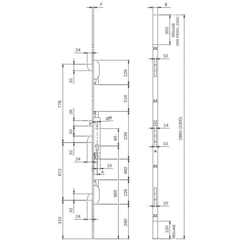 Serrure 3 points à larder ELECTA 1/2 tour Axe 25mm têtière U inox - ISEO - 785101252