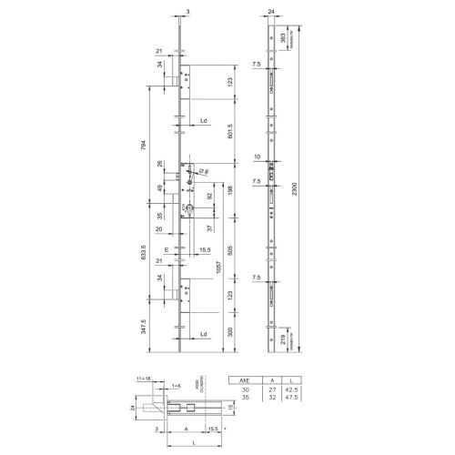 Serrure 3 points à larder PERFORMA Axe 35mm avec têtière plate - ISEO - 7232013528