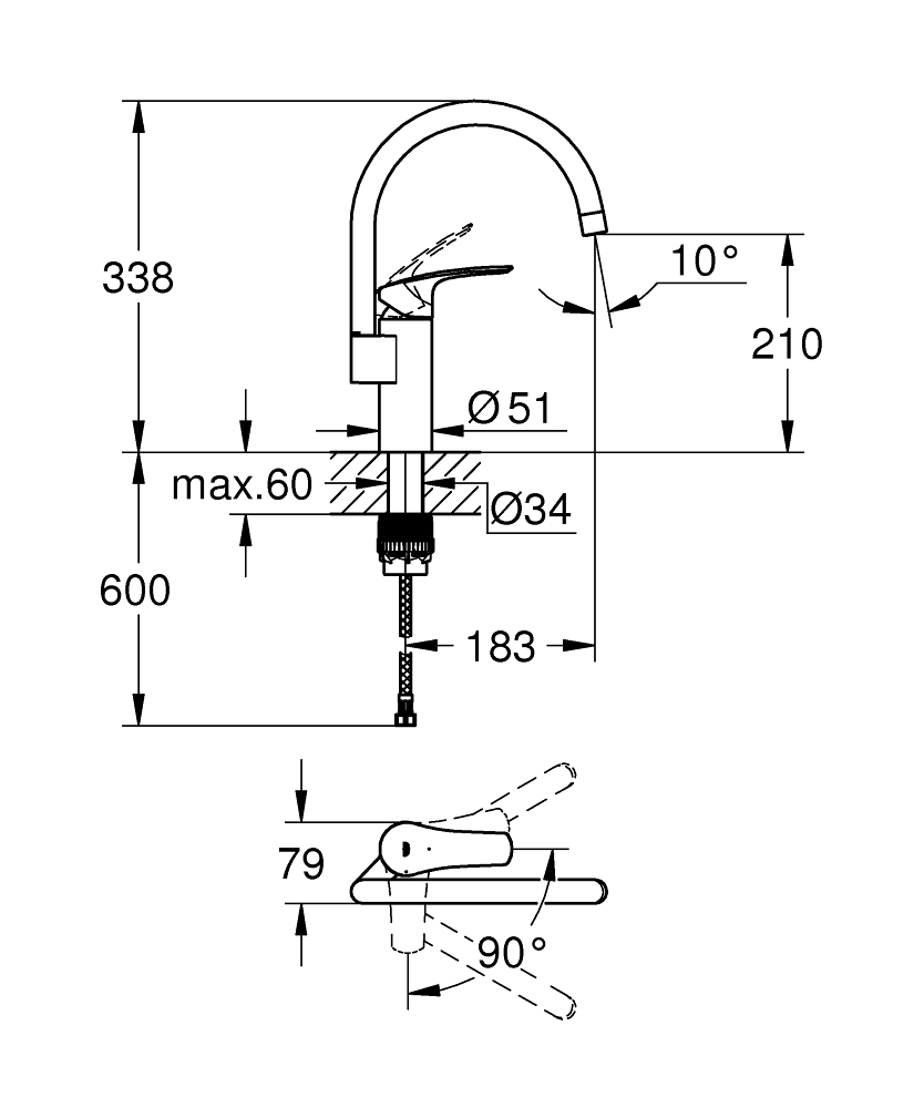 Mitigeur d’évier monocommande EUROSMART 2021 bec haut orientable - GROHE PROFESSIONAL - 32223003