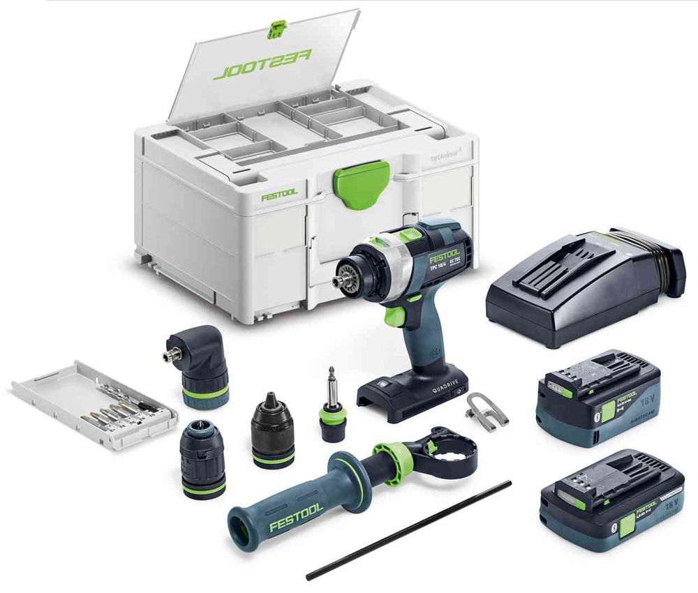 Perceuse-visseuse à percussion 18V QUADRIVE TPC 18/4 5,0/4,0 I-Set/XL + 1 batterie 4Ah + 1 batterie 5Ah + chargeur + Systainer SYS3 - FESTOOL - 577622