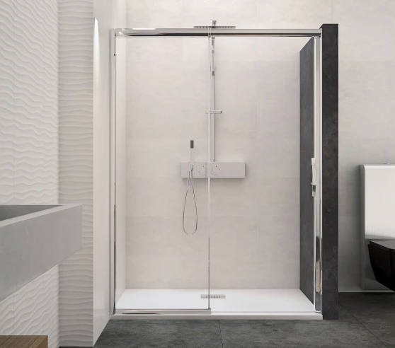 Paroi de douche MACAO sans seuil 142-155cm blanc transparent avec partie fixe droite - KINEDO - PA649BTNED