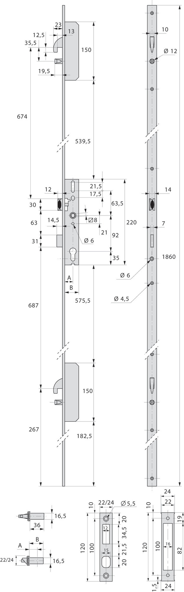 Serrure 3 points TF3 à pêne crochet et pêne dormant de coffre 45mm têtières en U 24x6mm - STREMLER - 6470.45.0B