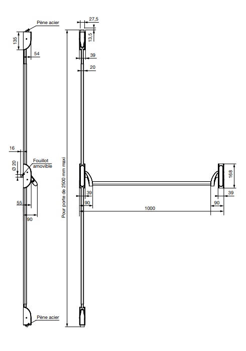 Fermeture antipanique Cross-bar 3 points longueur 1000mm CFPF noir - VACHETTE - 18397000