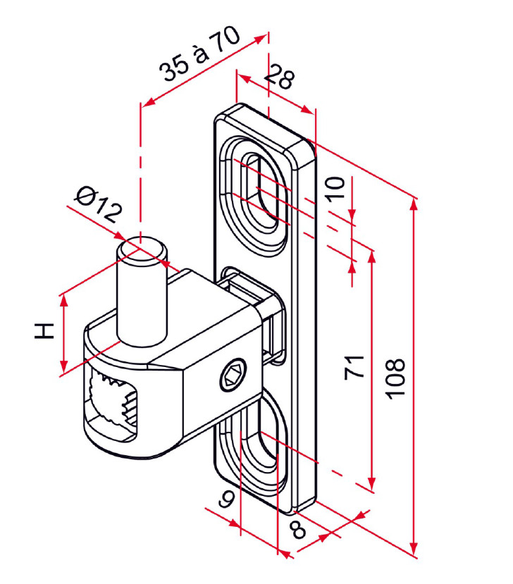 Gond de portail MULTIFIX T à axe réglable de 35 à 70mm diamètre pivot 12mm - TIRARD - NA619026