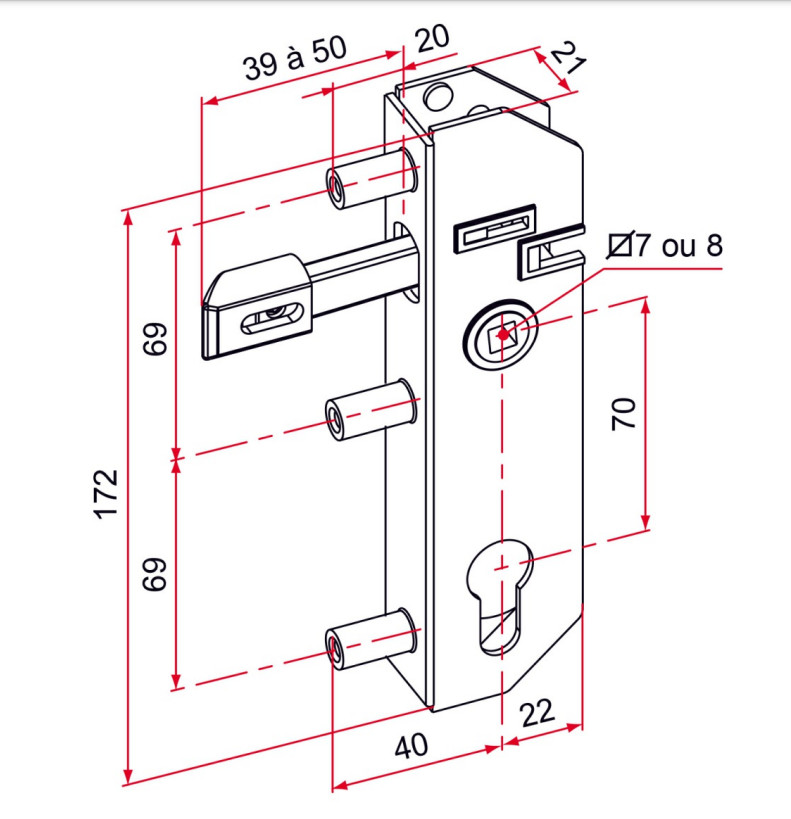 Serrure à encastrer GJ axe 30mm carré 7mm - TIRARD - GJ701302