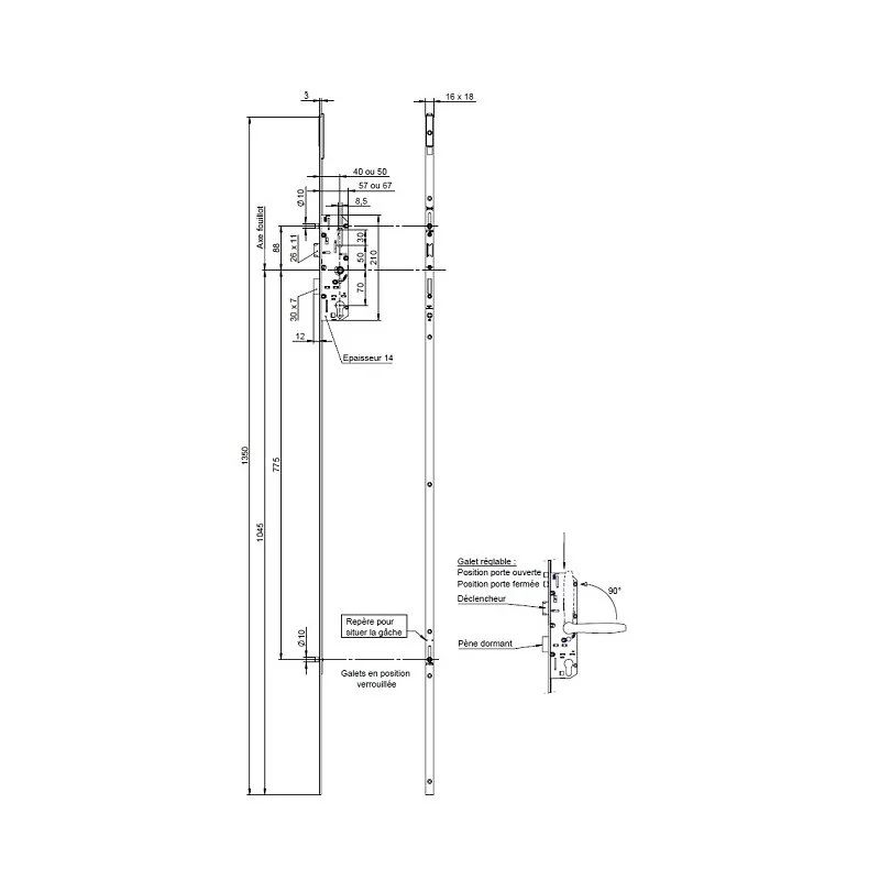 Serrure 4 points série 20215 automatique L2150mm têtière 16mm Axe 50mm bout carré sans gâche - VACHETTE - 26767000