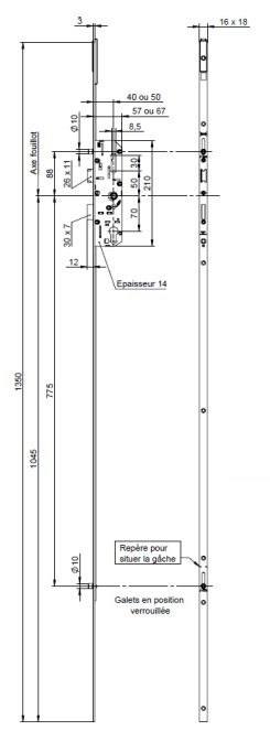 Serrure 4 points série 20500 pêne dormant 1/2 tour têtière 2150x16mm axe 40mm droite - VACHETTE - 13419000