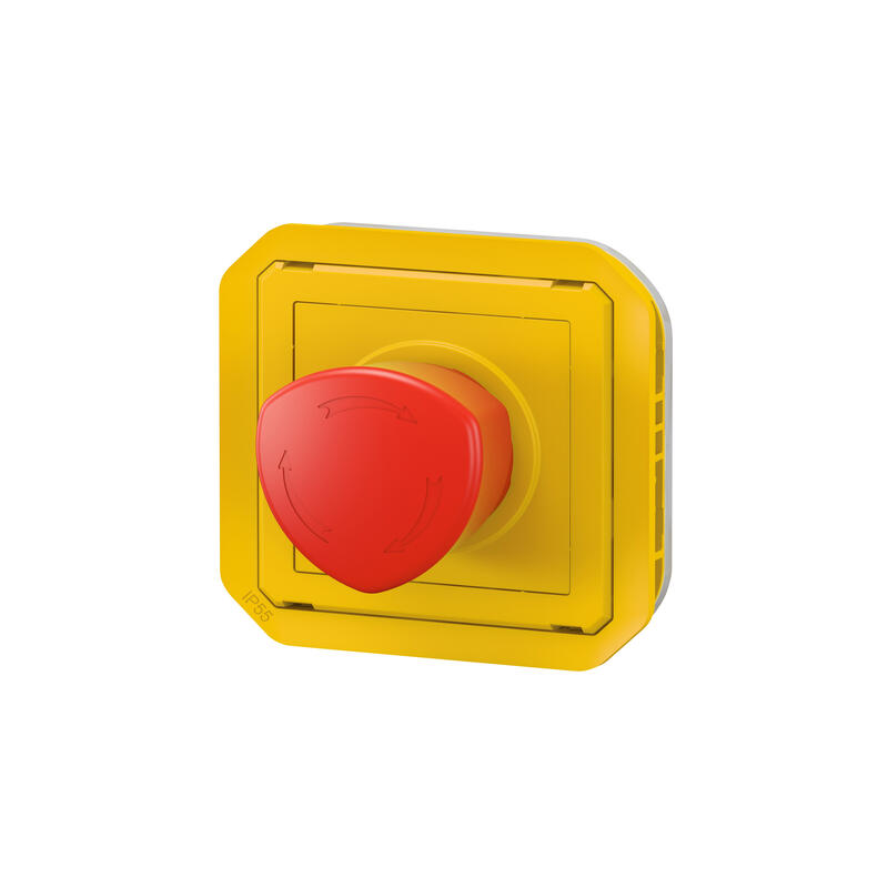 Coup de poing d'urgence poussoir déverrouillage 1/4 tour étanche PLEXO avec enjoliveur jaune et bouton rouge - LEGRAND - 069549L