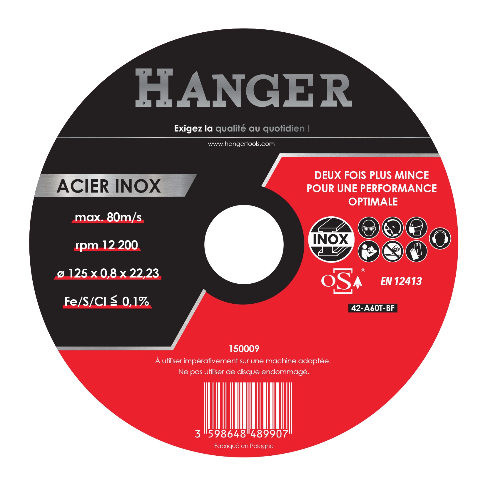 Disque à tronçonner acier/inox 125x0,8mm déporte - HANGER - 150009