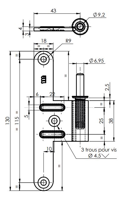 Lame mâle pour paumelle universelle huisserie bois inox gauche 130x43mm - MONIN - 627790