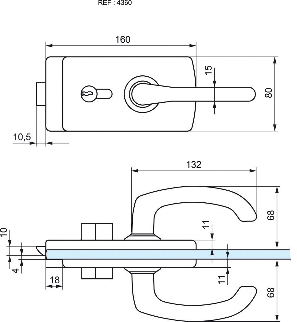 Serrure de milieu cylindre béquille à déport LAGUNE 15 chromé mat 4360 épaisseur 8mm - STREMLER - 4360.31.0