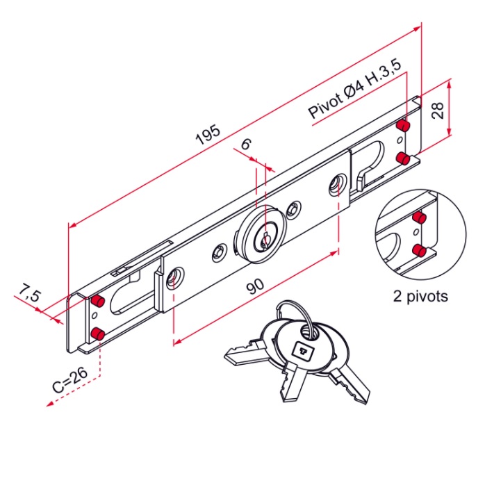 Serrure AA à cylindre rond à 2 pivots 6mm acier zingué - TIRARD - AA114010