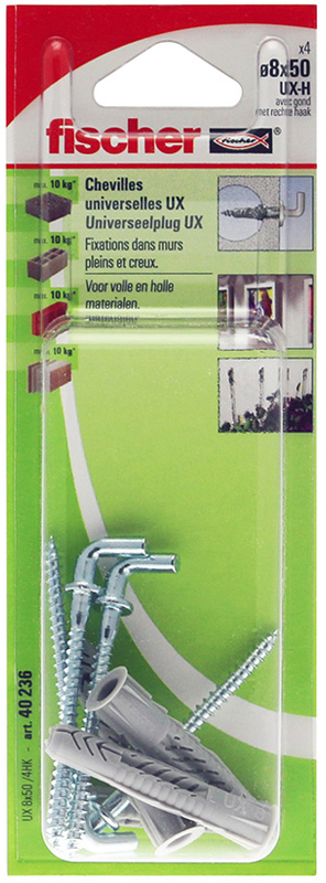 Blister de 4 chevilles multi-matériaux + vis + crochet droits UX 8x50mmx4pcs - FISCHER - 40236