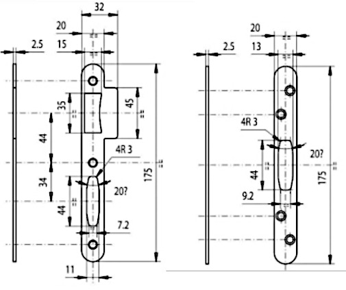 Jeu de gâches plates renforcé pour serrure Trilock Série 5000 bout rond - VACHETTE - 16576000