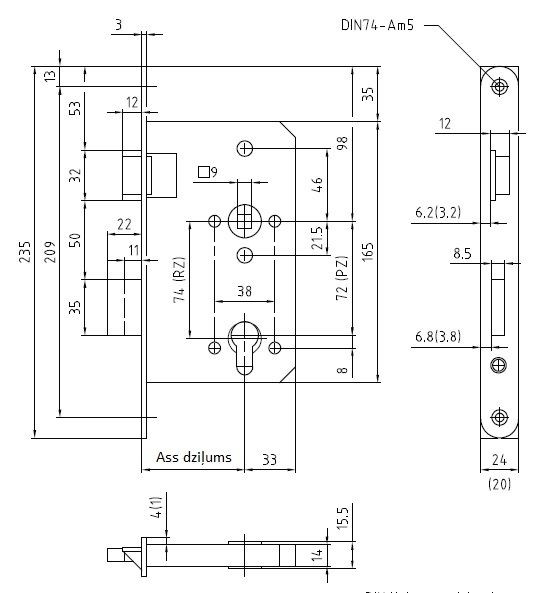 Coffre à larder profil européen axe à 65mm entraxe 72mm T20 carré 9mm DIN droite - BMH - 1000.000055