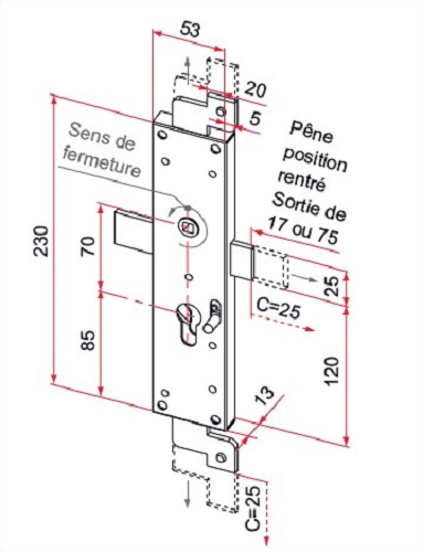 Serrure de volet 3ème point court droite acier zingué – TIRARD - CE112104