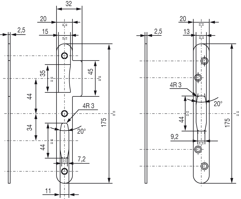 Jeu de gâches plates renforcé pour serrure Trilock Série 5000 bout rond - VACHETTE - 16576000
