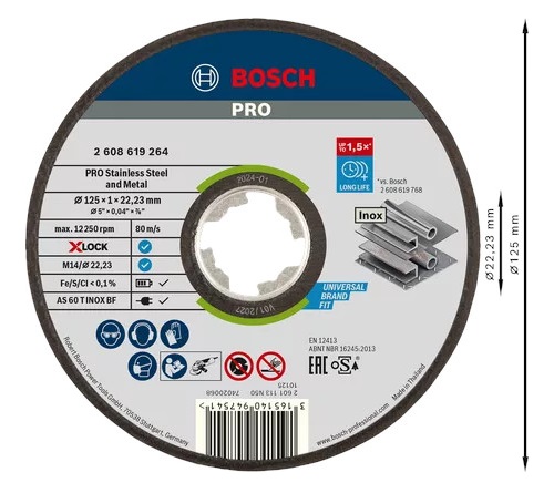 Disque à tronçonner X-LOCK pour métaux et inox 125x1x22,23mm plat OSA - BOSCH - 2608619264