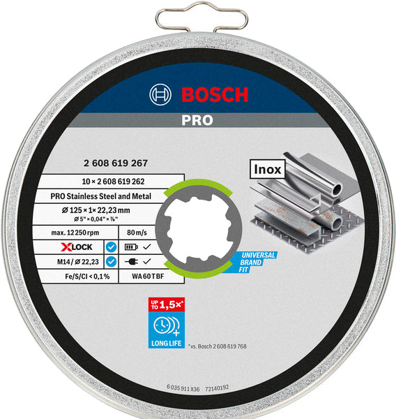 Lot de 10 disques tronçon X-LOCK MTX et inox 125x1x22,23mm - BOSCH - 2 608 619 267